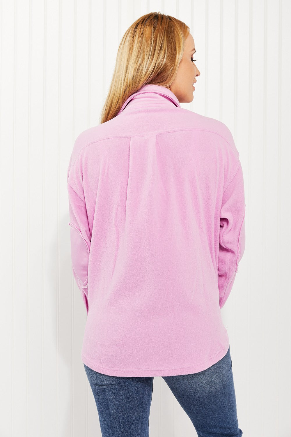 Zenana On the Lookout Elbow Patch Fleece Shacket in Mauve