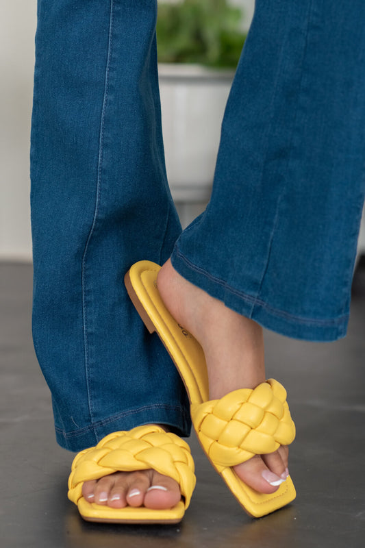 Weeboo Cakewalk Woven Square Toe Slides in Yellow