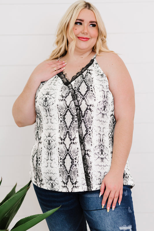 Plus Size Snakeskin Lace Trim Halter Neck Top