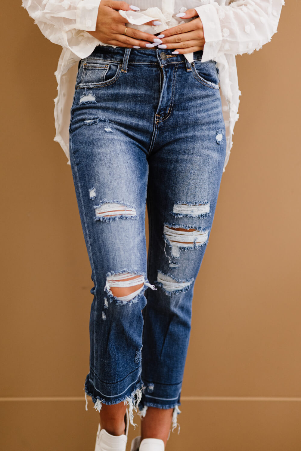 RISEN Chloe Shadow Hem Distressed Straight Leg Jeans