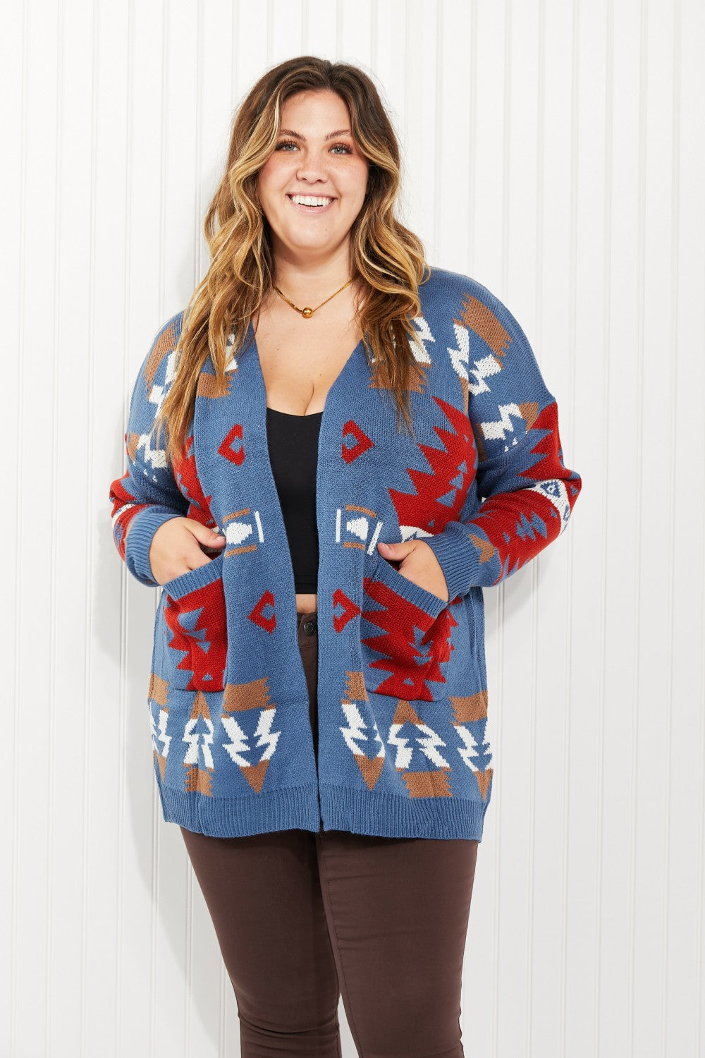 Heimish Christmas Lodge Full Size Geometric Print Open Sweater