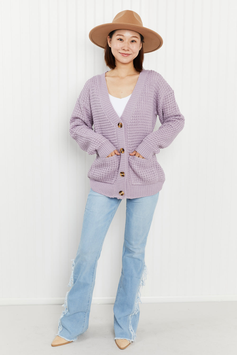 Zenana Waffle-Knit V-Neck Cardigan