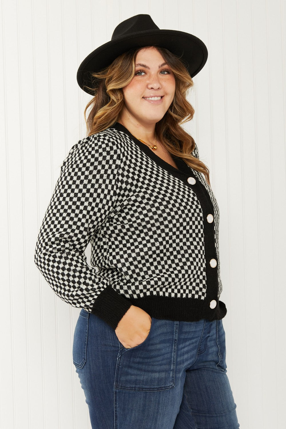 143 Story Look the Part Full Size Checkered Puff Shoulder Cardigan