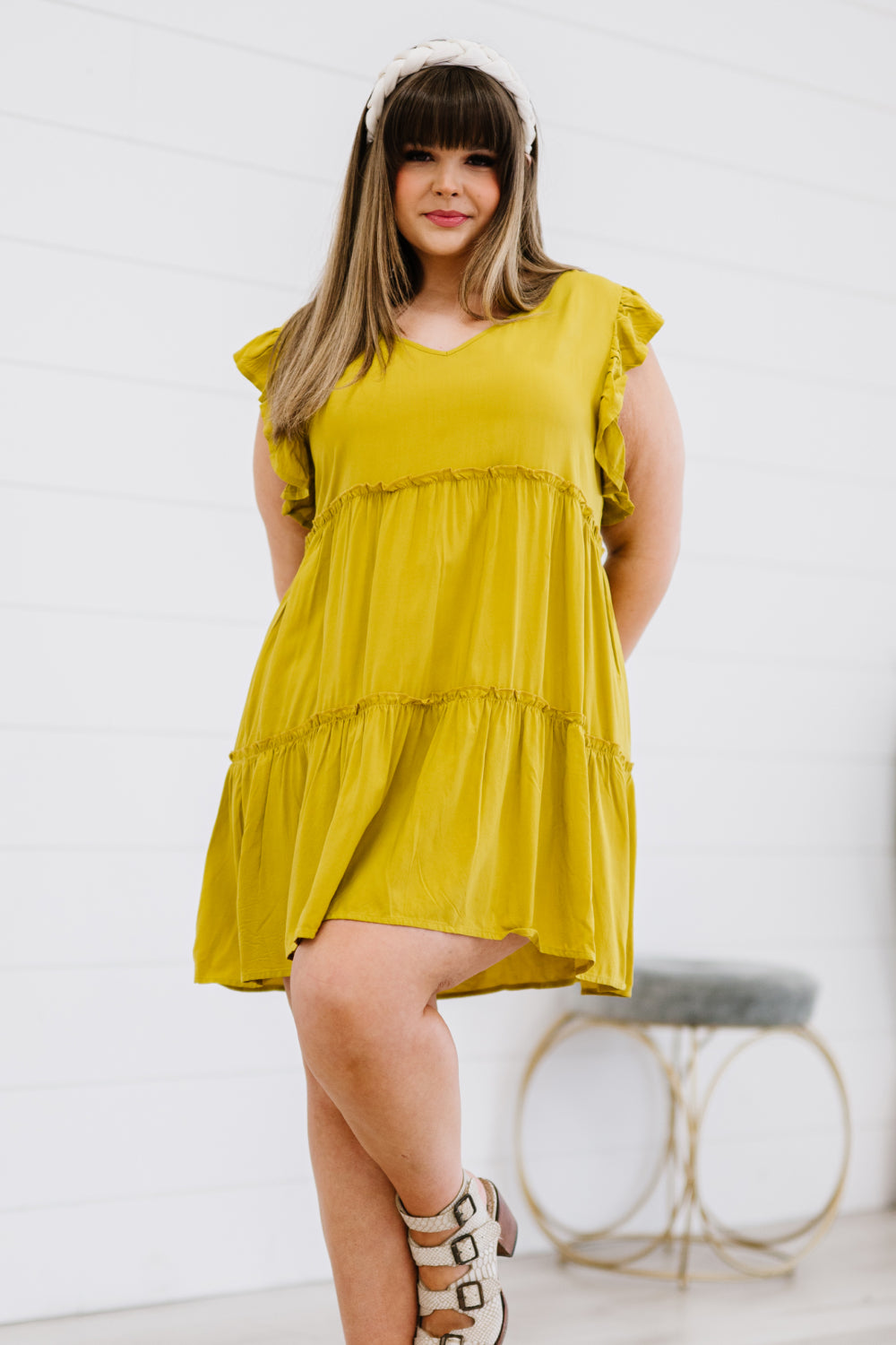 Zenana Call Me Later Tiered Mini Dress in Golden Wasabi