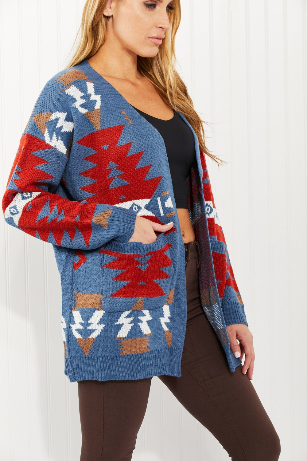 Heimish Christmas Lodge Full Size Geometric Print Open Sweater