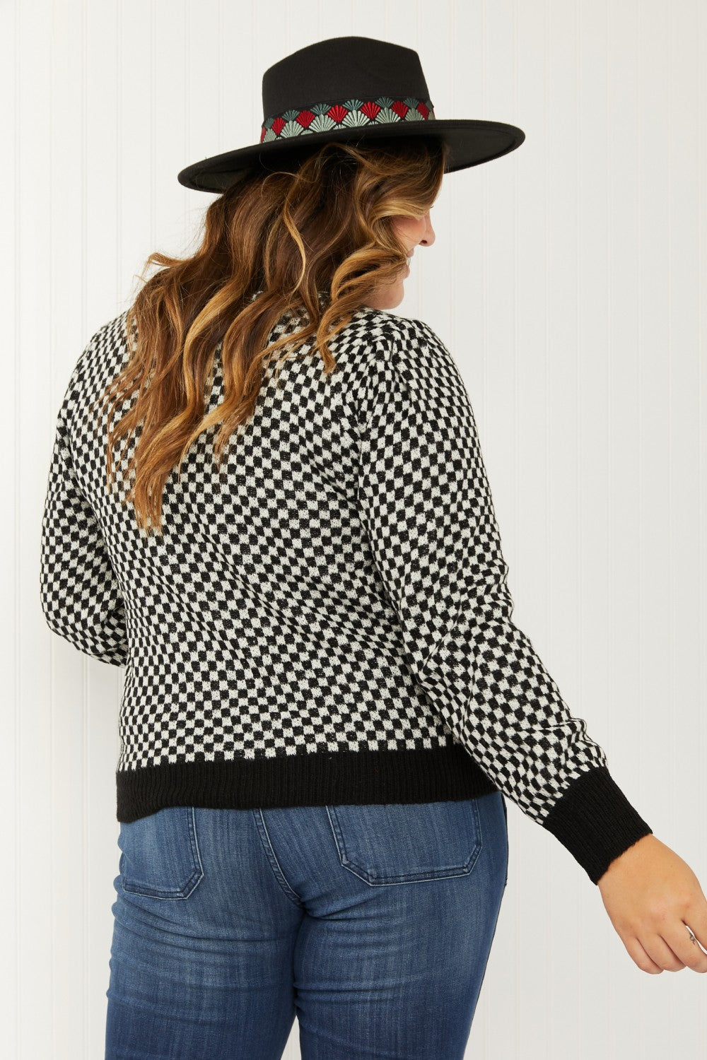 143 Story Look the Part Full Size Checkered Puff Shoulder Cardigan