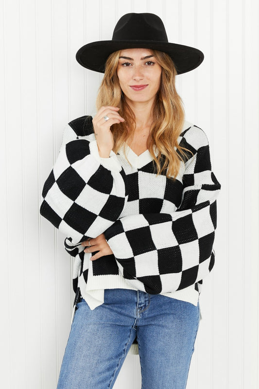 Davi & Dani Reality Check Checkered V-Neck Sweater