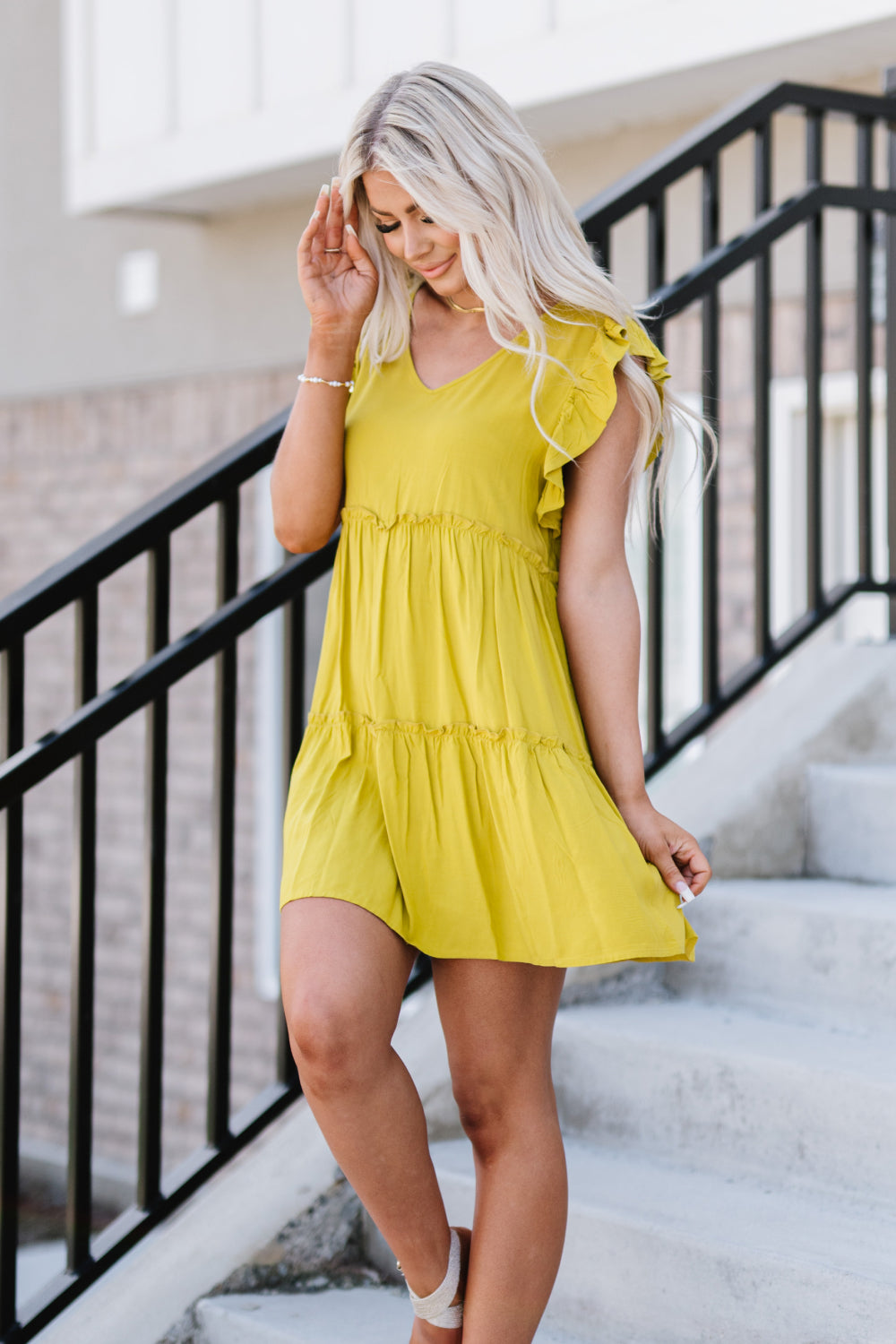 Zenana Call Me Later Tiered Mini Dress in Golden Wasabi