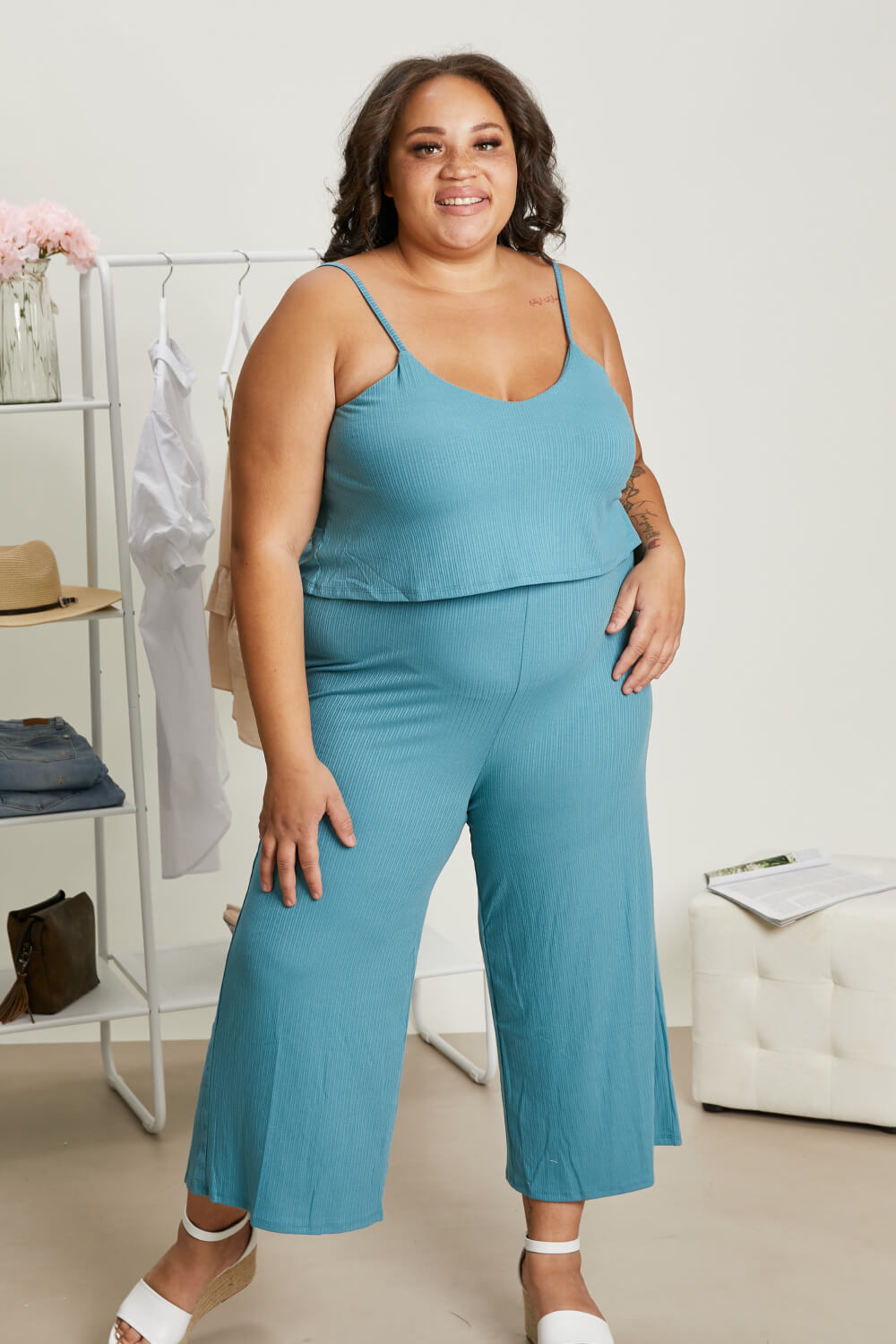 Zenana Still Into You Ribbed Jumpsuit in Dusty Teal