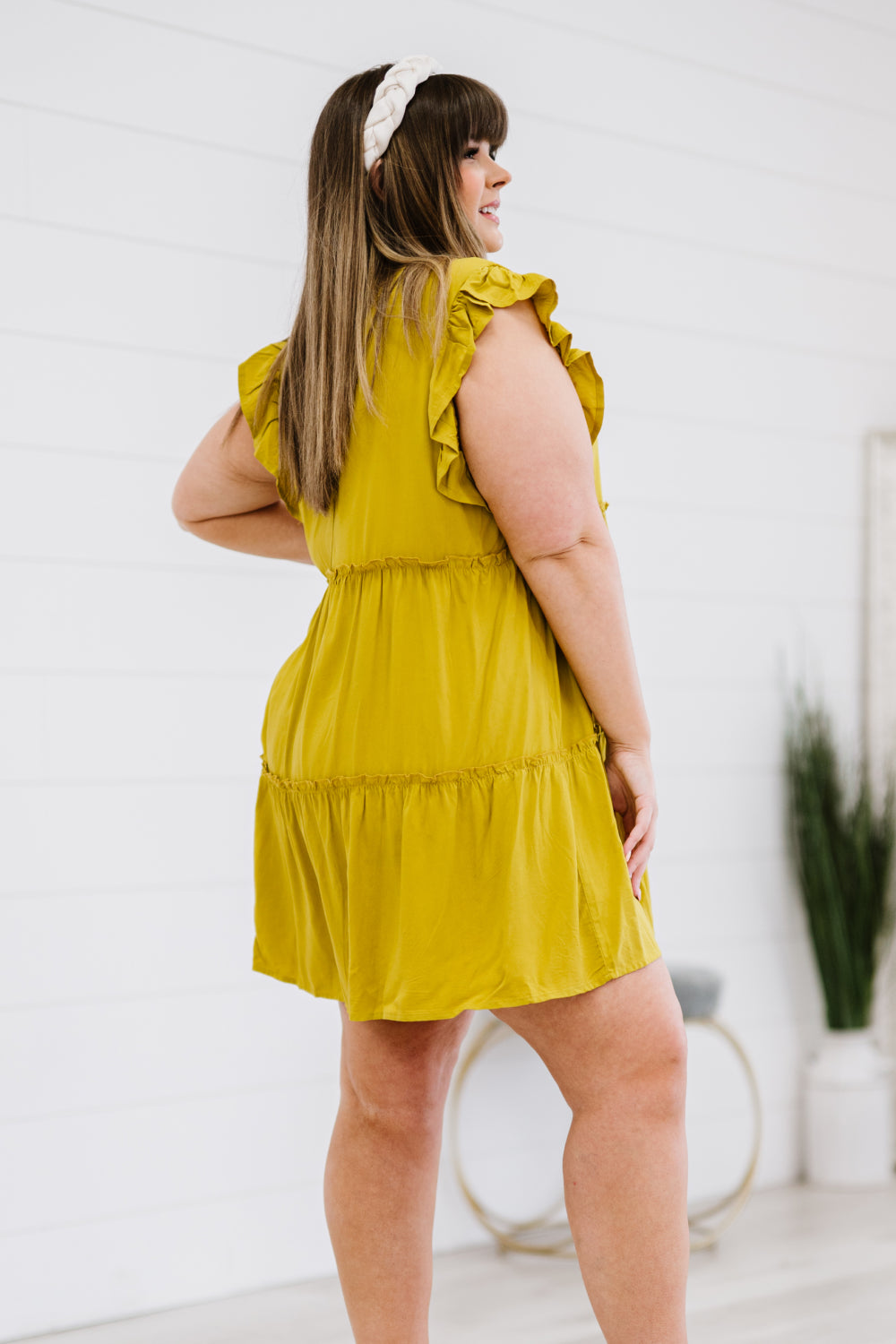 Zenana Call Me Later Tiered Mini Dress in Golden Wasabi