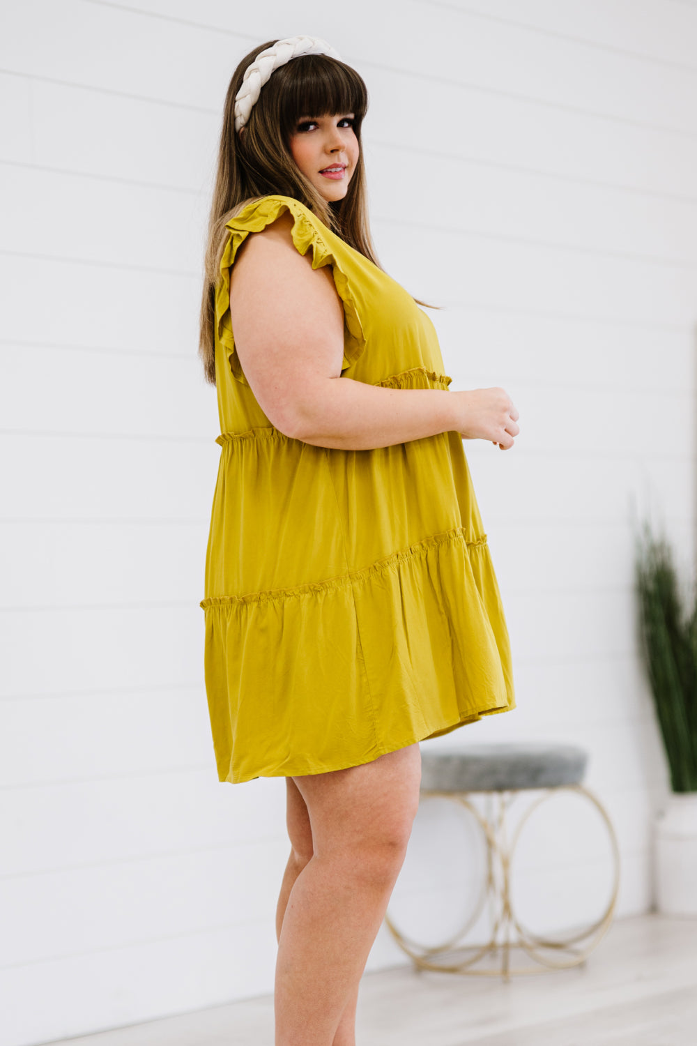 Zenana Call Me Later Tiered Mini Dress in Golden Wasabi