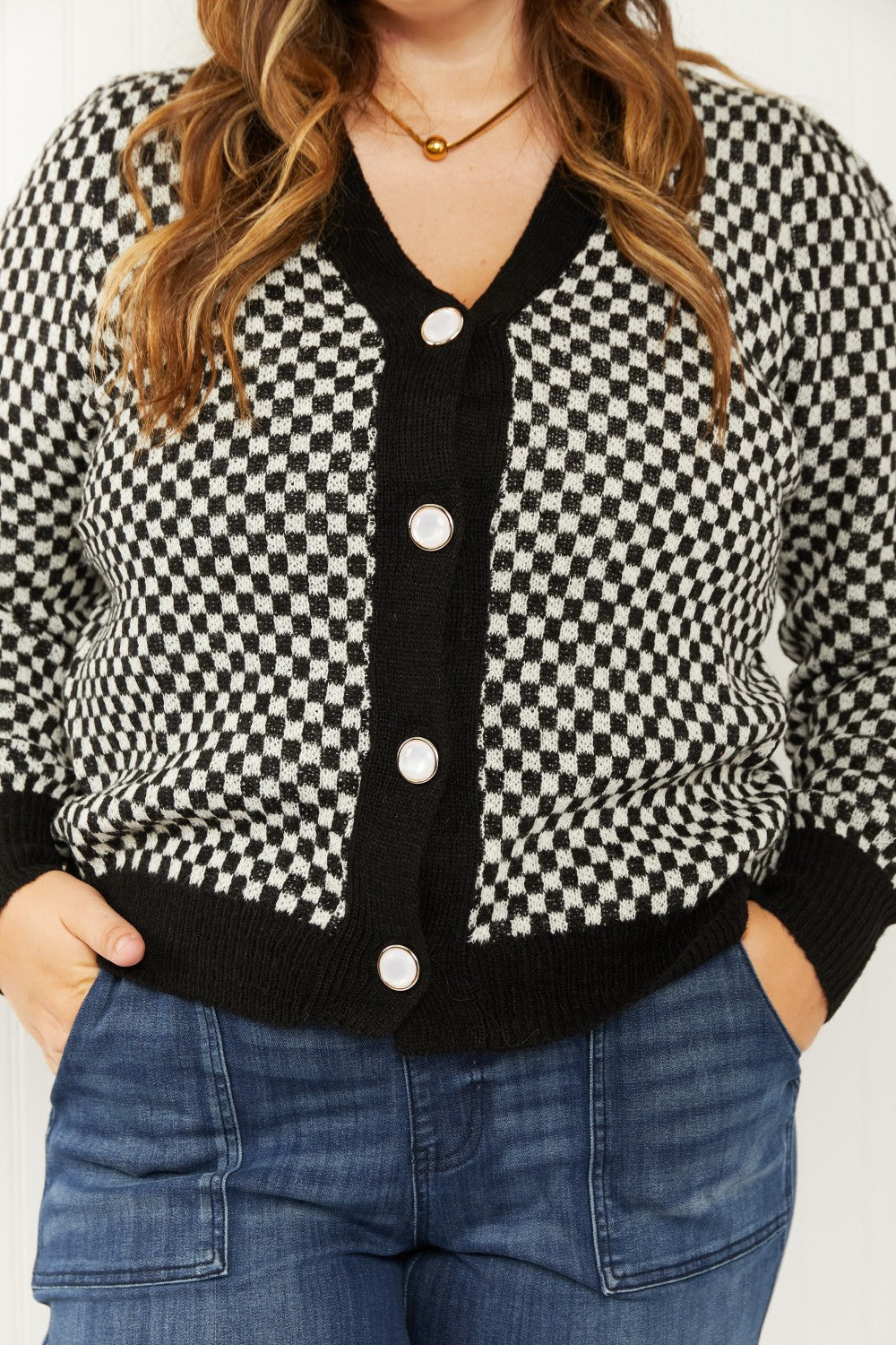 143 Story Look the Part Full Size Checkered Puff Shoulder Cardigan