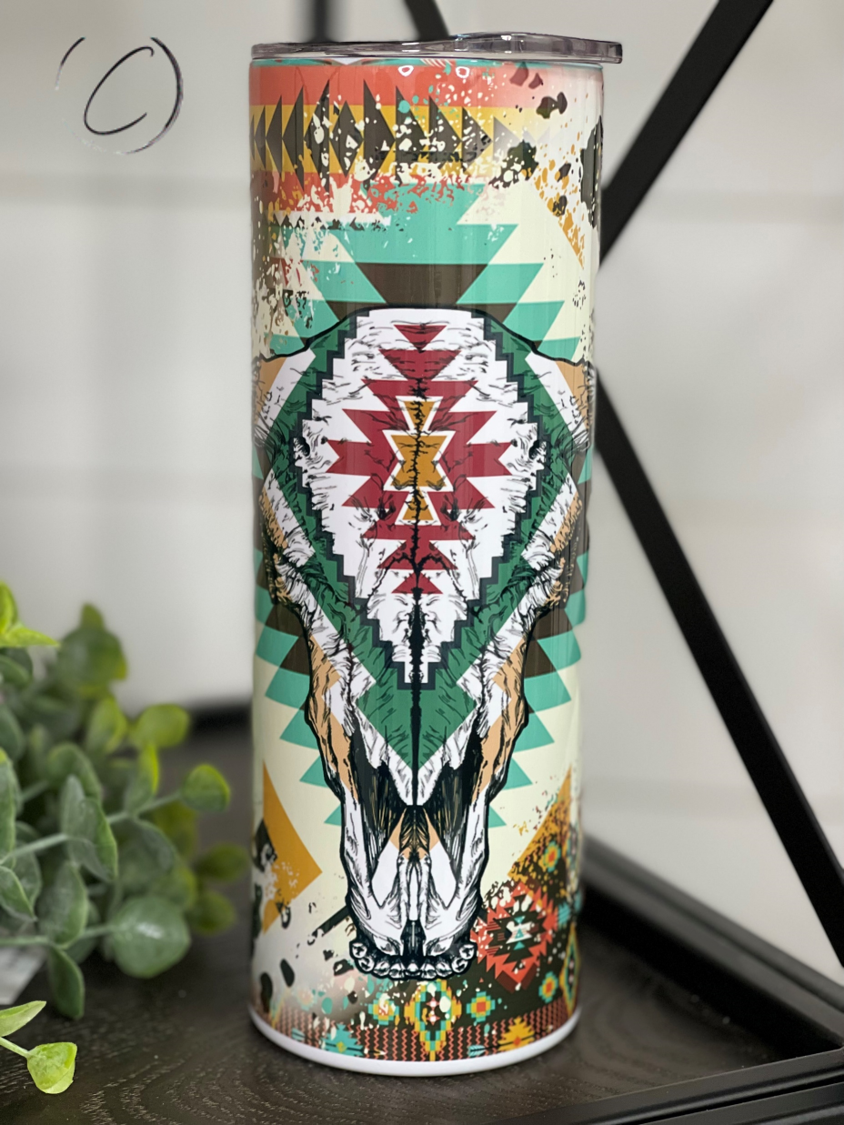 Western Aztec Bull Skull 20oz Skinny Tumbler