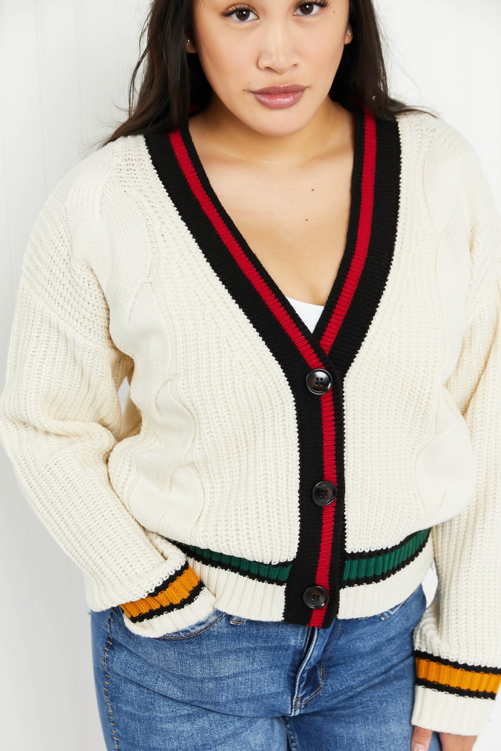 Zenana Aspen Drive Full Size Contrast Trim Cable Knit Cardigan