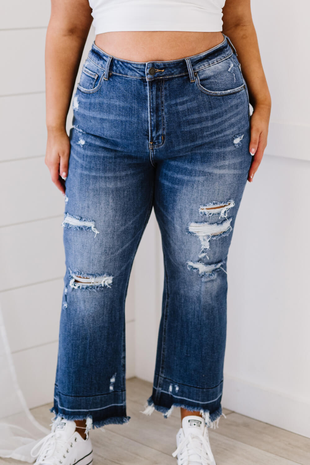 RISEN Chloe Shadow Hem Distressed Straight Leg Jeans