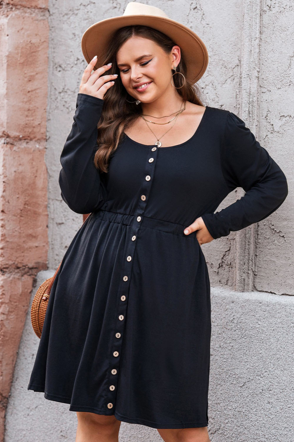 Plus Size Button Front Elastic Waist Long Sleeve Dress