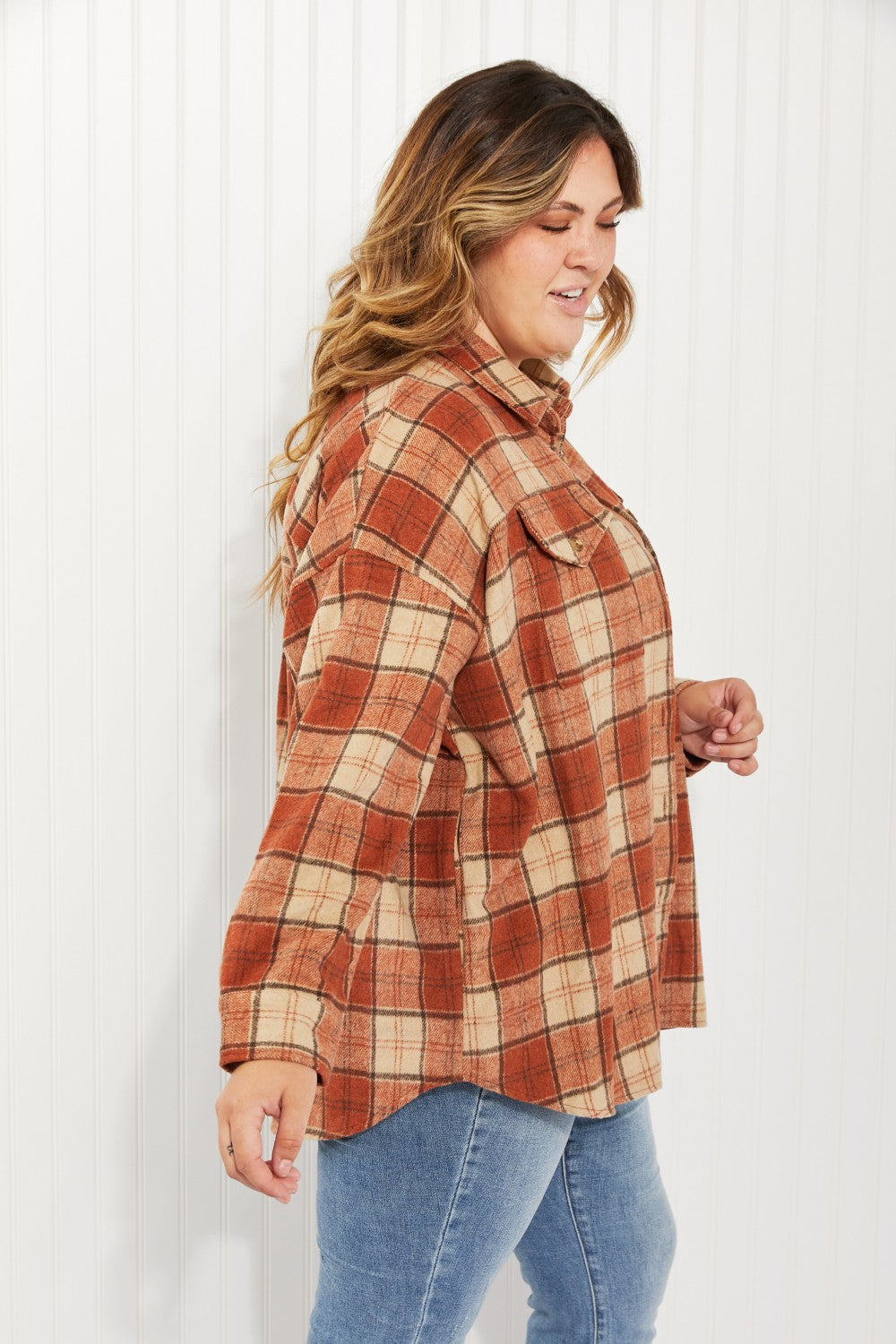 Haptics Pumpkin Pie Full Size Plaid Longline Shacket