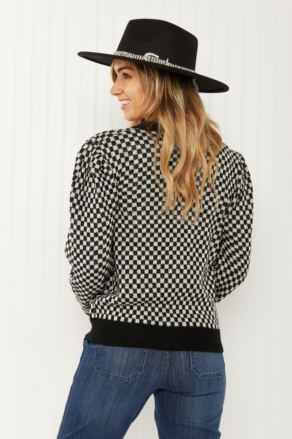 143 Story Look the Part Full Size Checkered Puff Shoulder Cardigan