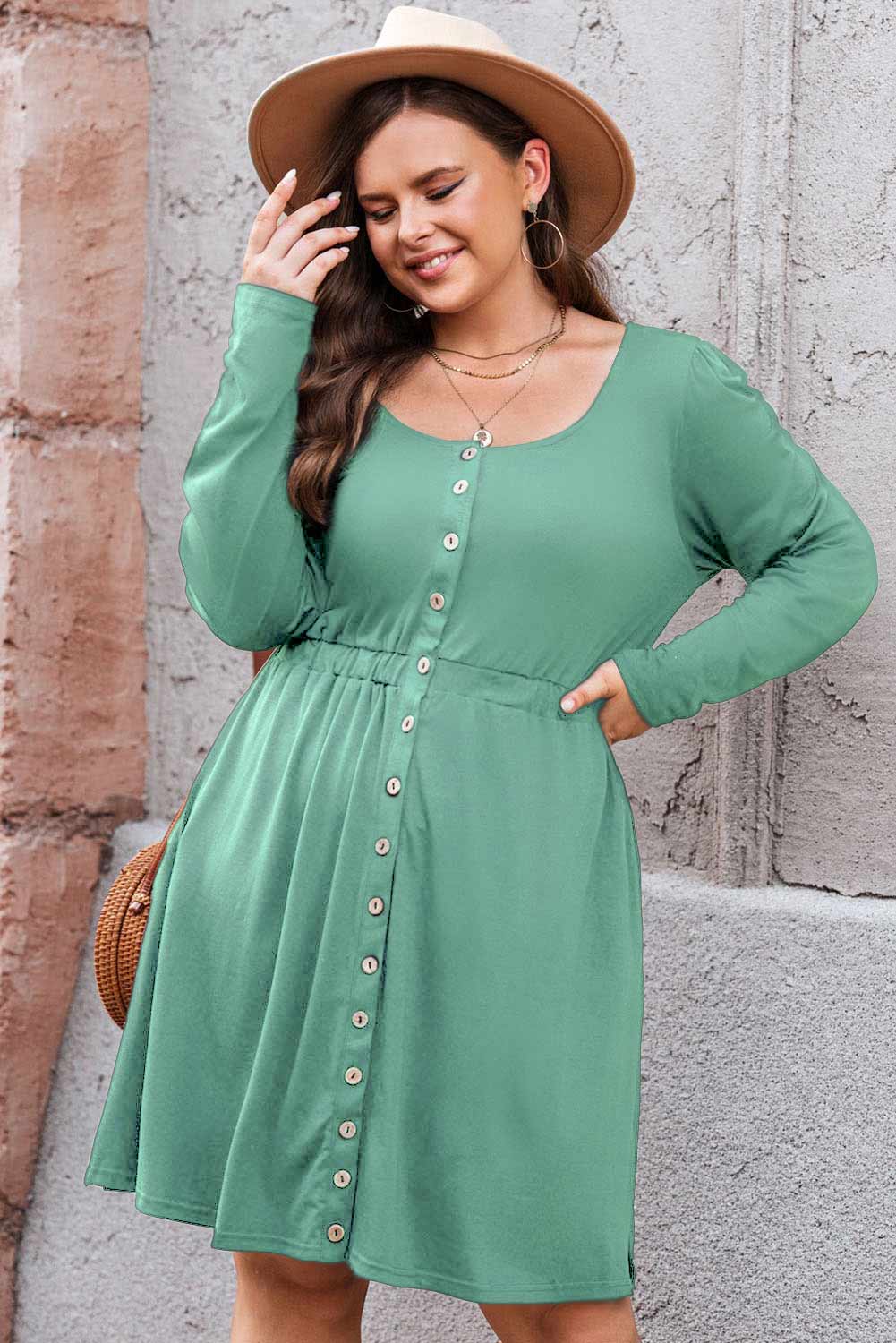 Plus Size Button Front Elastic Waist Long Sleeve Dress