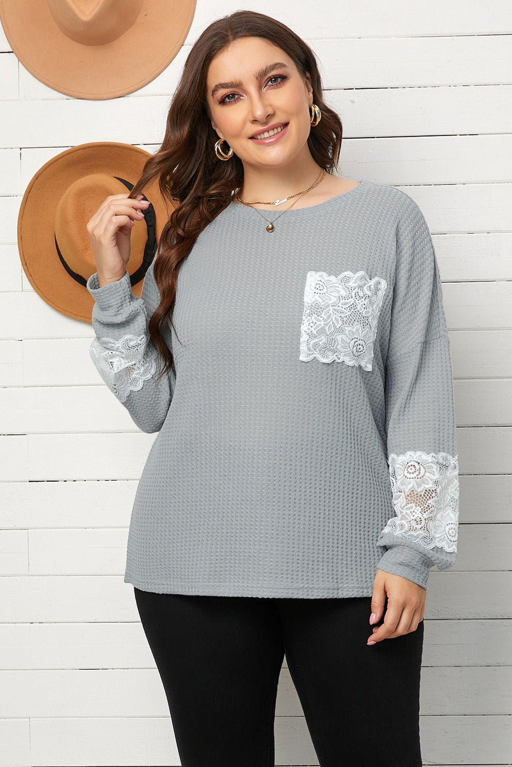 Plus Size Lace Waffle Knit Blouse