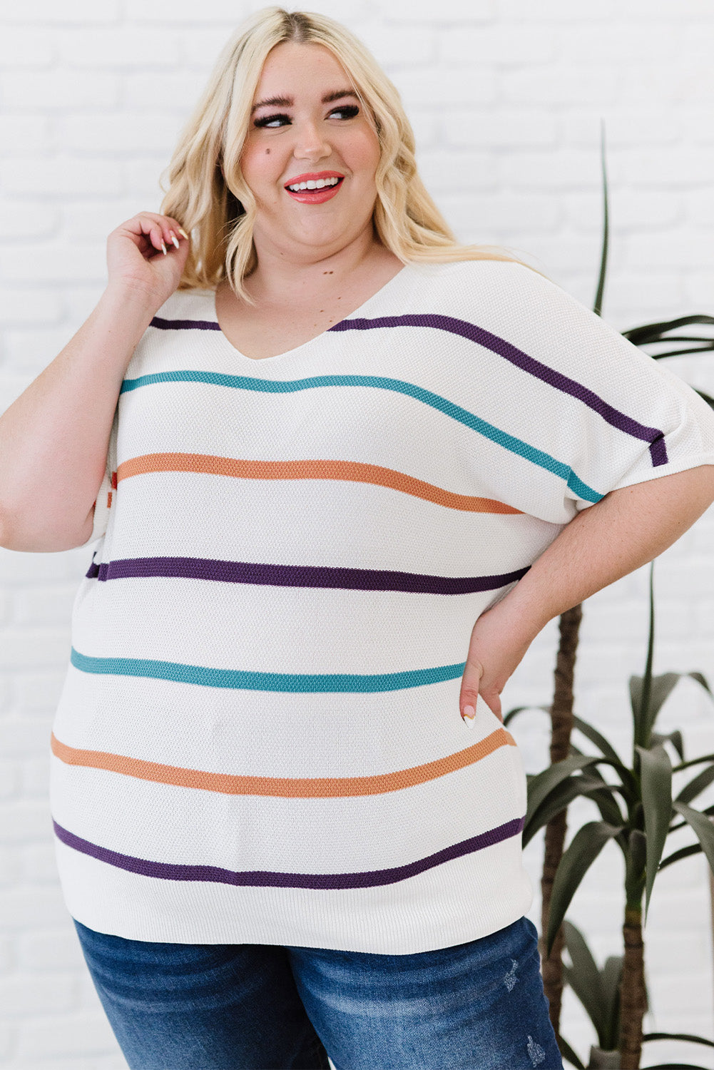 Plus Size Striped Short Sleeve Knit Top