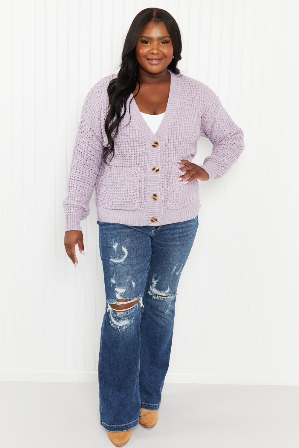 Zenana Waffle-Knit V-Neck Cardigan